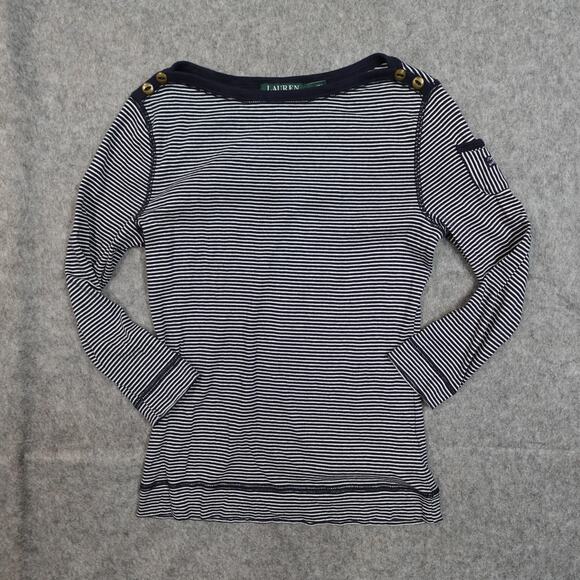 Ralph Lauren Top Womens Small Long Sleeve Boat Neck Striped Navy Blue Nautical - Picture 1 of 10